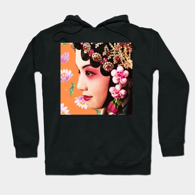 Chinese Opera Star with Lotus Flowers Orange- Hong Kong Retro Hoodie by CRAFTY BITCH